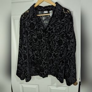Emma James Black sheer velour long sleeve button front blouse size 18W